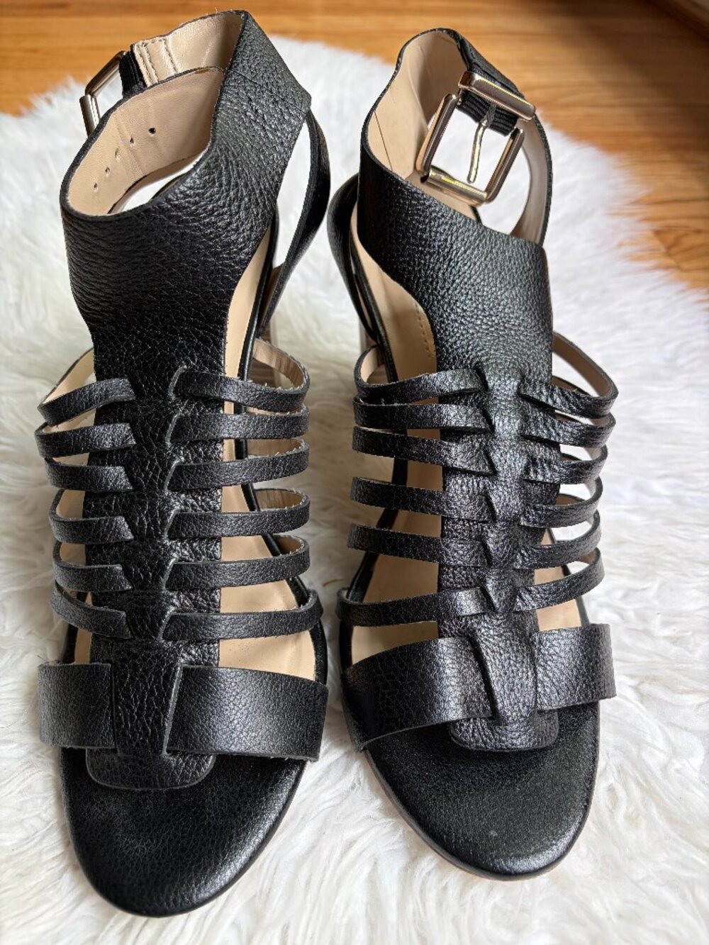 INC International Concepts Clarre Black Heel Sandals Leather Open Toe Sz 9.5
